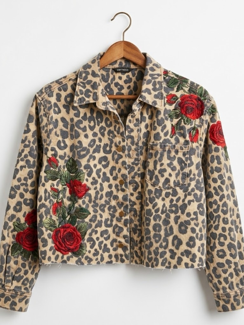 New DRIFTWOOD Dani Wild Rose Leopard Jean Jacket with Red Rose Embroidery